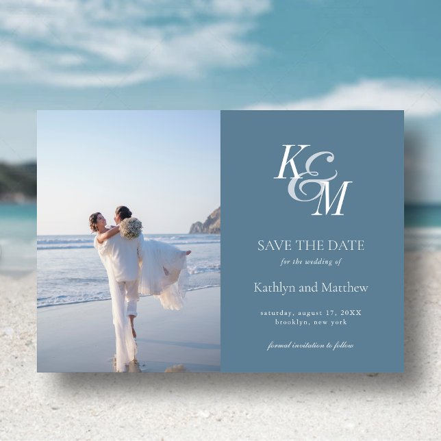Dusty Blue Monogram Elegant Classic Save The Date Magnetic Invitation (Creator Uploaded)
