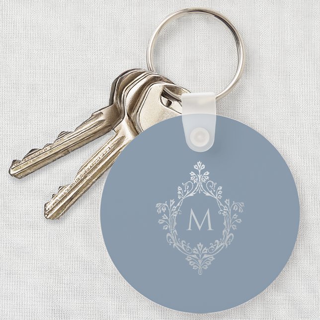 Dusty Blue Monogram Elegant Vintage Crest Initial  Keychain (Creator Uploaded)
