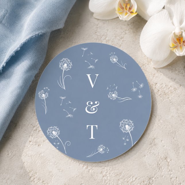 Dusty Blue Monogram Floral Wedding Classic Round Sticker (Creator Uploaded)