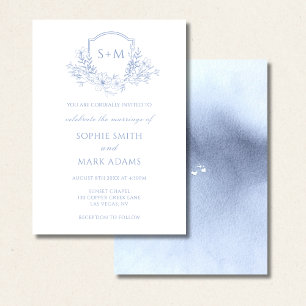 Dusty Blue Monogram Initial Crest Floral Wedding Invitation