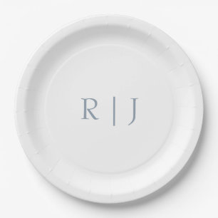 Dusty Blue Monogram Initials Minimal Wedding Paper Plate
