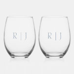 Dusty Blue Monogram Initials Minimal Wedding Stemless Wine Glass<br><div class="desc">Designed with text template for monogrammed initials which you can customize!</div>