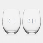Dusty Blue Monogram Initials Minimal Wedding Stemless Wine Glass<br><div class="desc">Designed with text template for monogrammed initials which you can customize!</div>