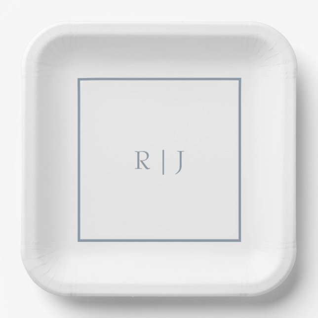 Dusty Blue Monogram Initials Simple Wedding Paper Plate (Front)