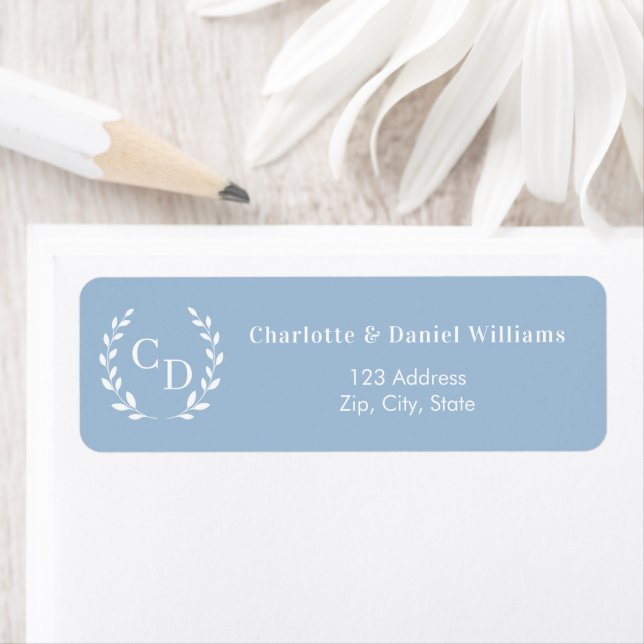 Dusty blue monogram initials wreath return address (Insitu)