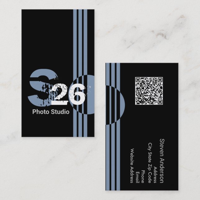Dusty blue monogram QR code abstract geometric Business Card (Front/Back)