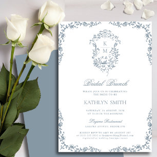 Dusty Blue Monogram Vintage Crest Bridal Brunch Invitation