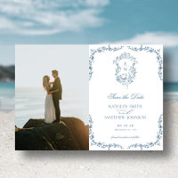 Dusty Blue Monogram Vintage Crest Save The Date