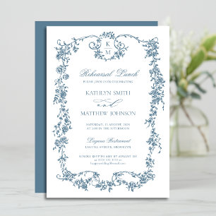 Dusty Blue Monogram Vintage Frame Rehearsal Lunch Invitation