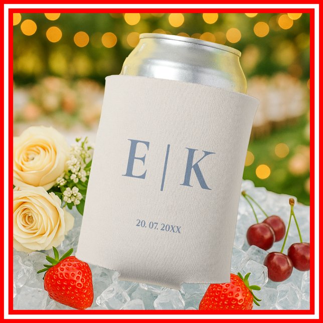 Dusty Blue Monogram Wedding Can Cooler (Creator Uploaded)