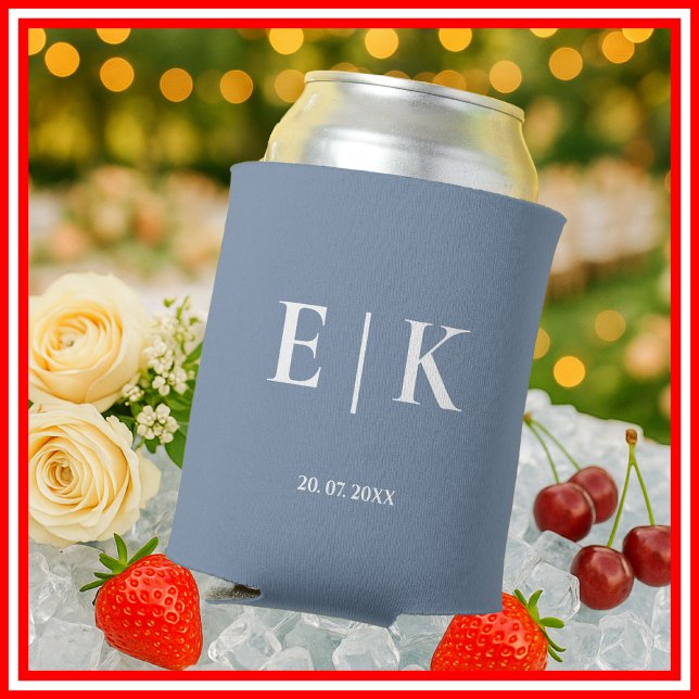 Dusty Blue Monogram Wedding Can Cooler (Creator Uploaded)