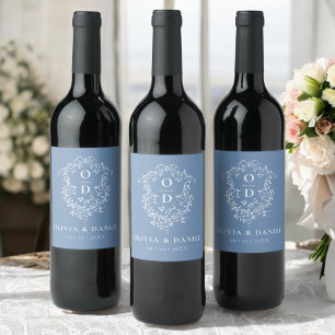 Dusty Blue Monogram Wedding Floral Crest Wine Label