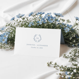 Dusty Blue Monogram Wedding Place Card