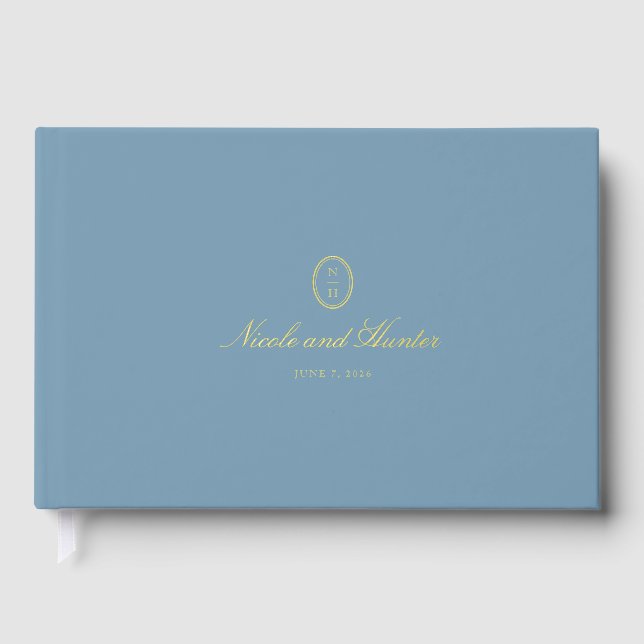 Dusty Blue Monogram Wedding Reception Guest Book (Front)
