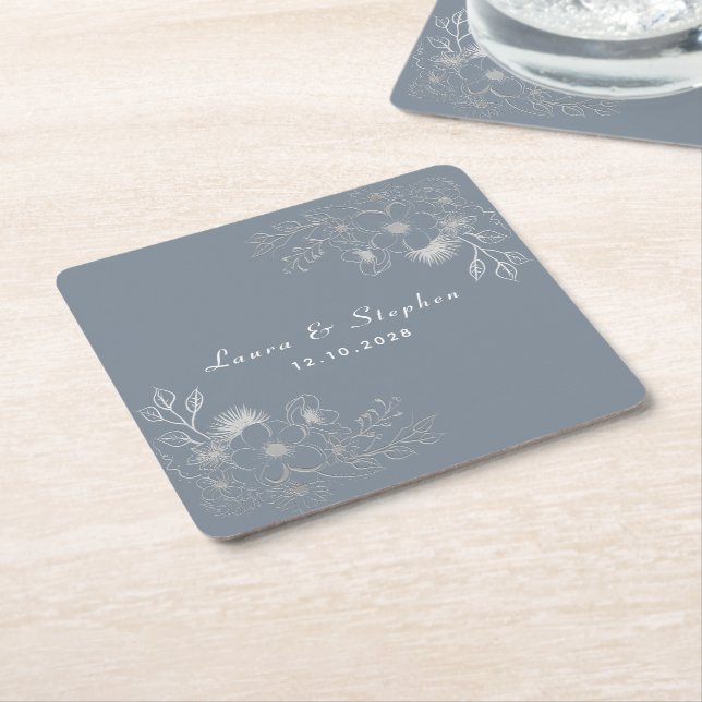 Dusty Blue Monogram Wedding Square Paper Coaster (Angled)