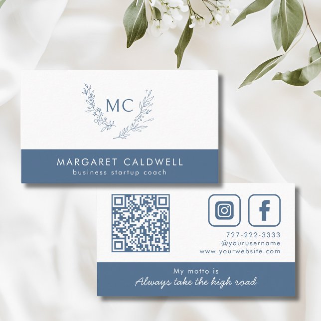 Dusty Blue Monogram Wreath Business Card (Dusty Blue Monogram Wreath Social Media QR Code Business Card with Tagline)