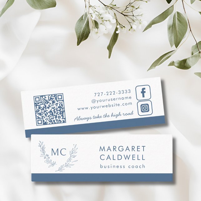 Dusty Blue Monogram Wreath Mini Business Card (Dusty Blue Monogram Wreath Social Media Mini Business Card)
