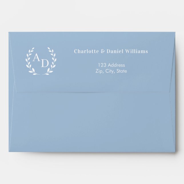 Dusty blue monogram wreath return address envelope (Back (Top Flap))