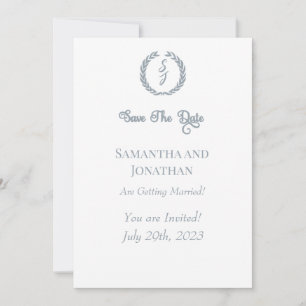 Dusty Blue Monogram Wreath Save the Date Card