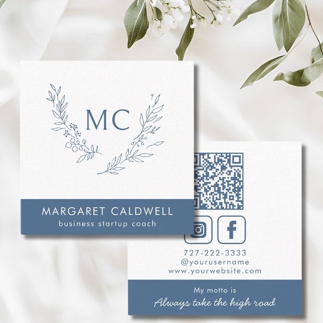 Dusty Blue Monogram Wreath Square Business Card (Dusty Blue Monogram Wreath Social Media Square Business Card)