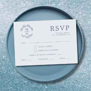 Dusty Blue Monogram Wreath Wedding RSVP Card