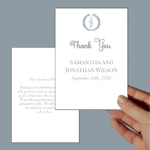 Dusty Blue Monogram Wreath White Thank You Card