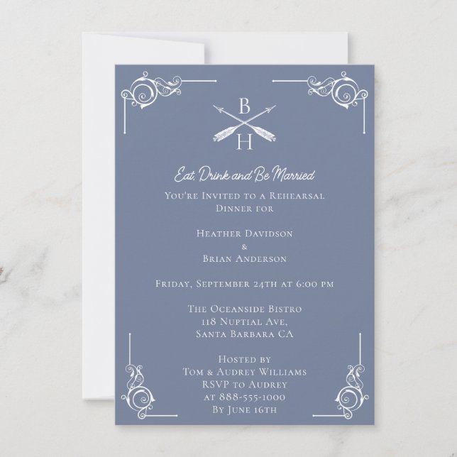 Dusty Blue Monograms and Arrows Rehearsal Dinner Invitation (Front)