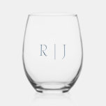 Dusty Blue Monograms Couple Name Minimal Wedding Stemless Wine Glass<br><div class="desc">Designed with text template for monogrammed initials which you can customize!</div>