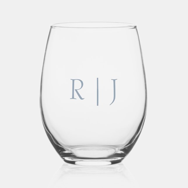 Dusty Blue Monograms Couple Name Minimal Wedding Stemless Wine Glass (Front)