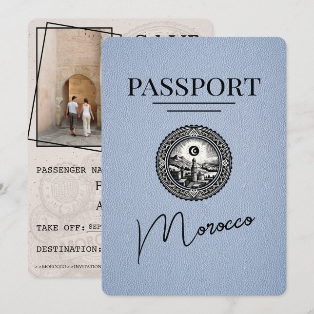 Dusty Blue Morocco Passport Save The Date (Front/Back)