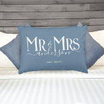 Dusty Blue Mr & Mrs Newlywed Couple Wedding Accent Pillow<br><div class="desc">Celebrate your holy matrimony with this cute Mr. and Mrs. wedding pillow for newlywed couples. Customize it by adding your last name / surname and wedding anniversary year date. Dusty blue colour with white elegant font. Great for a bridal shower or anniversary / wedding gift for a husband and wife....</div>