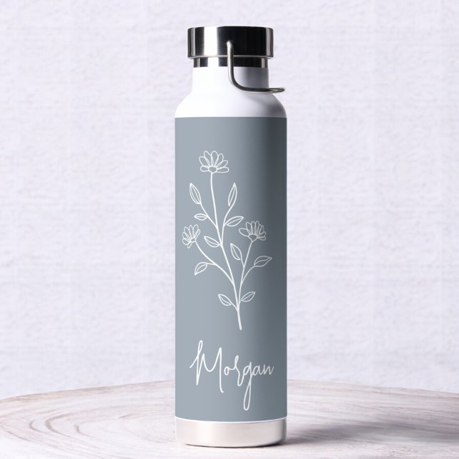Dusty Blue Name Floral Bachelorette Bridal  Water Bottle (Creator Uploaded)