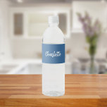 Dusty blue name script water bottle label<br><div class="desc">A trendy dusty blue coloured background. Personalize and add your name written with a modern hand lettered style script in white.</div>