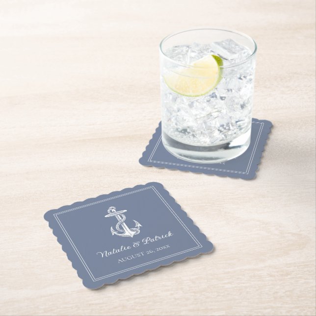 Dusty Blue Nautical Anchor Wedding Paper Coasters (Insitu)