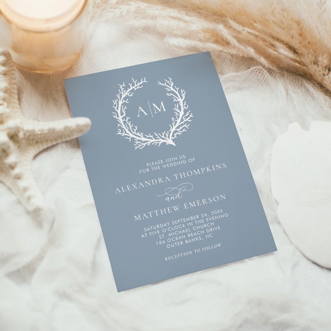 Dusty Blue Nautical Coral Reef Minimal Wedding Invitation (Creator Uploaded)