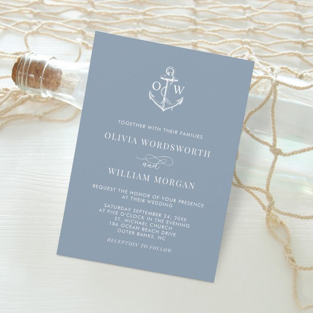 Dusty Blue Nautical Monogram Anchor Wedding Invitation (Creator Uploaded)