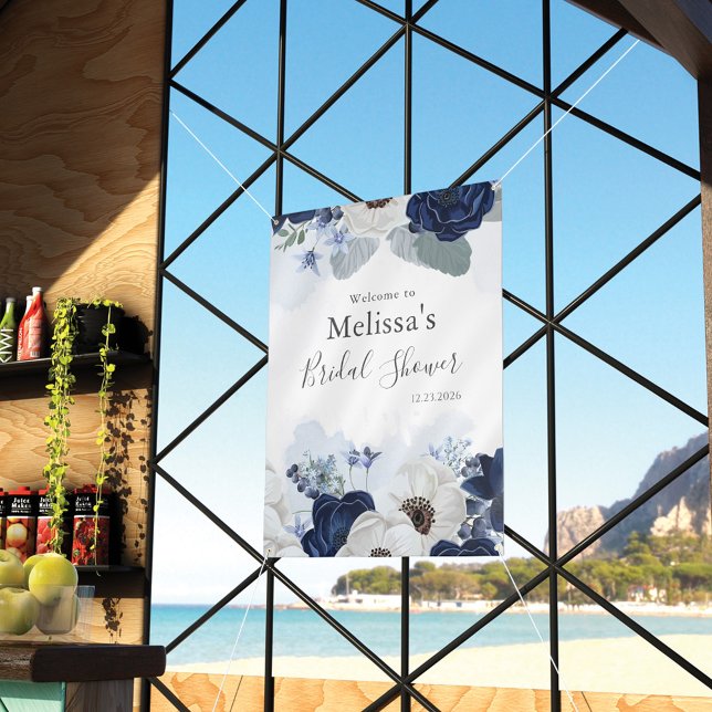Dusty Blue Navy Bloom Floral Bridal Shower Banner (Creator Uploaded)