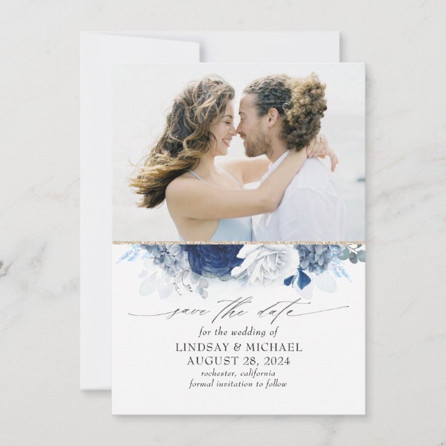 Dusty Blue & Navy Blue Floral Save the Date Photo Announcement (Front)
