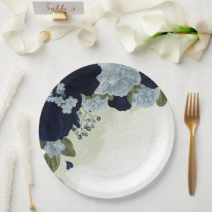 dusty blue & navy blue flowers greenery paper plate