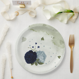 dusty blue & navy blue flowers greenery paper plate