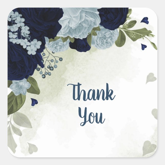 dusty blue & navy blue flowers greenery  square sticker (Front)
