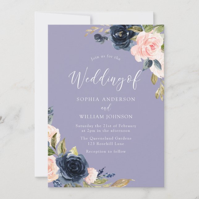 Dusty Blue Navy & Blush Flowers Faire-part de mari (Devant)