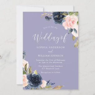 Dusty Blue Navy & Blush Flowers Faire-part de mari