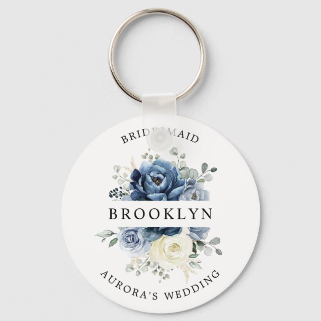 Dusty Blue Navy Champagne Ivory Bridal Shower Gift Keychain (Front)