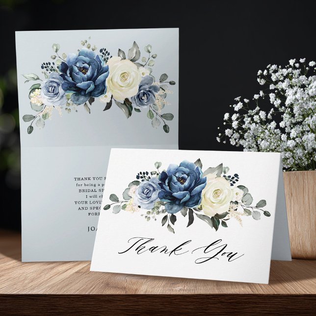 Dusty Blue Navy Champagne Ivory Bridal Shower Thank You Card (Dusty Blue Navy Champagne Ivory Bridal Shower folded Thank You Card)