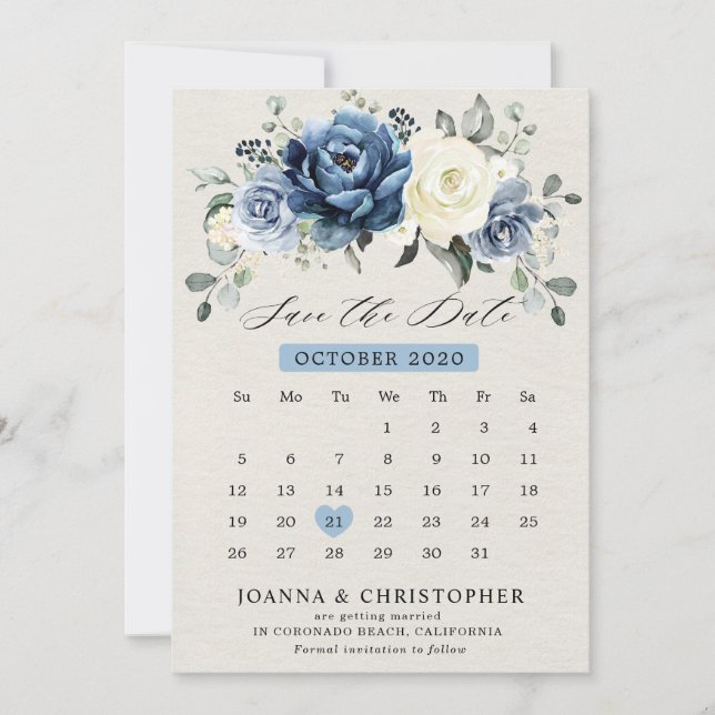 Dusty Blue Navy Champagne Ivory Floral calendar Sa Save The Date (Front)