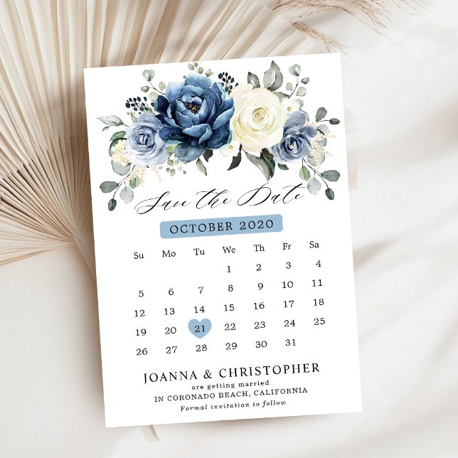 Dusty Blue Navy Champagne Ivory Floral calendar Save The Date (Dusty Blue Navy Champagne Ivory Floral calendar Save The Date card)
