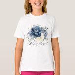 Dusty Blue Navy Champagne Ivory Floral Flower girl T-Shirt<br><div class="desc">Dusty blue floral junior bridesmaid t shirt featuring elegant bouquet of navy blue, royal blue , white , gold, champagne ivory, blush colour rose , ranunculus flower buds and sage green eucalyptus leaves and elegant watercolor bouquet. Please contact me for any help in customization or if you need any other...</div>