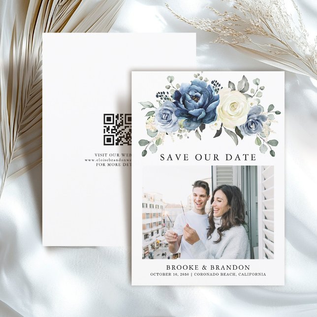 Dusty Blue Navy Champagne Ivory Floral QR Code  Save The Date (Dusty Blue Navy Champagne Ivory Floral QR code Photo cave the date card)