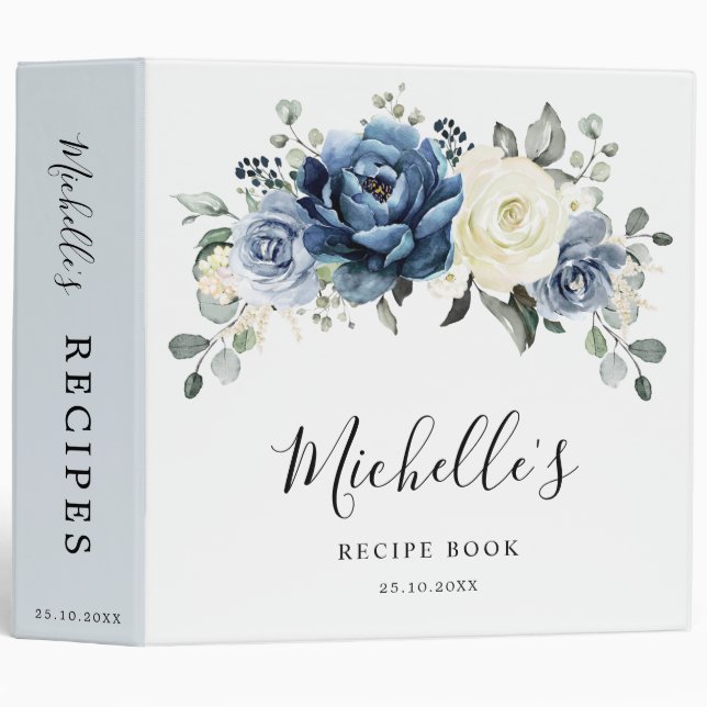 Dusty Blue Navy Champagne Ivory Floral Recipe 3 Ri Binder (Front/Spine)
